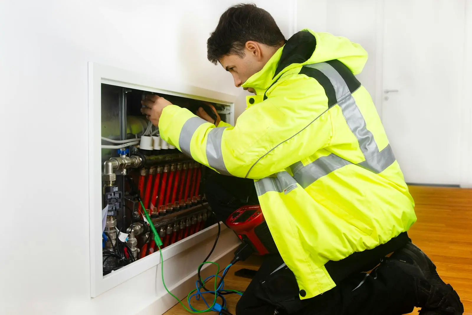 Technician in high-visibility clothing completing a digital compliance report on site