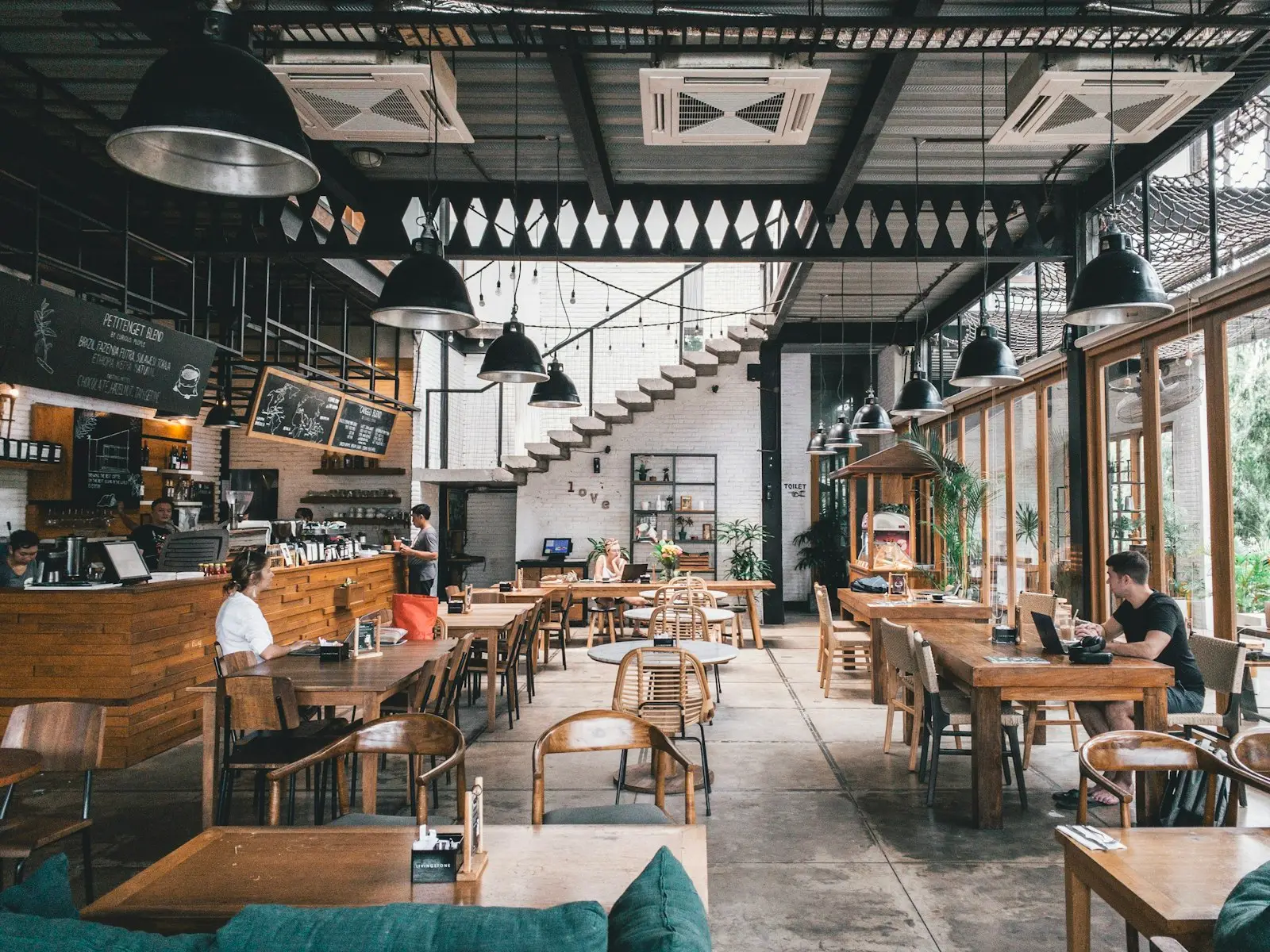 Interior of a Sydney restaurant dining room with timber tables