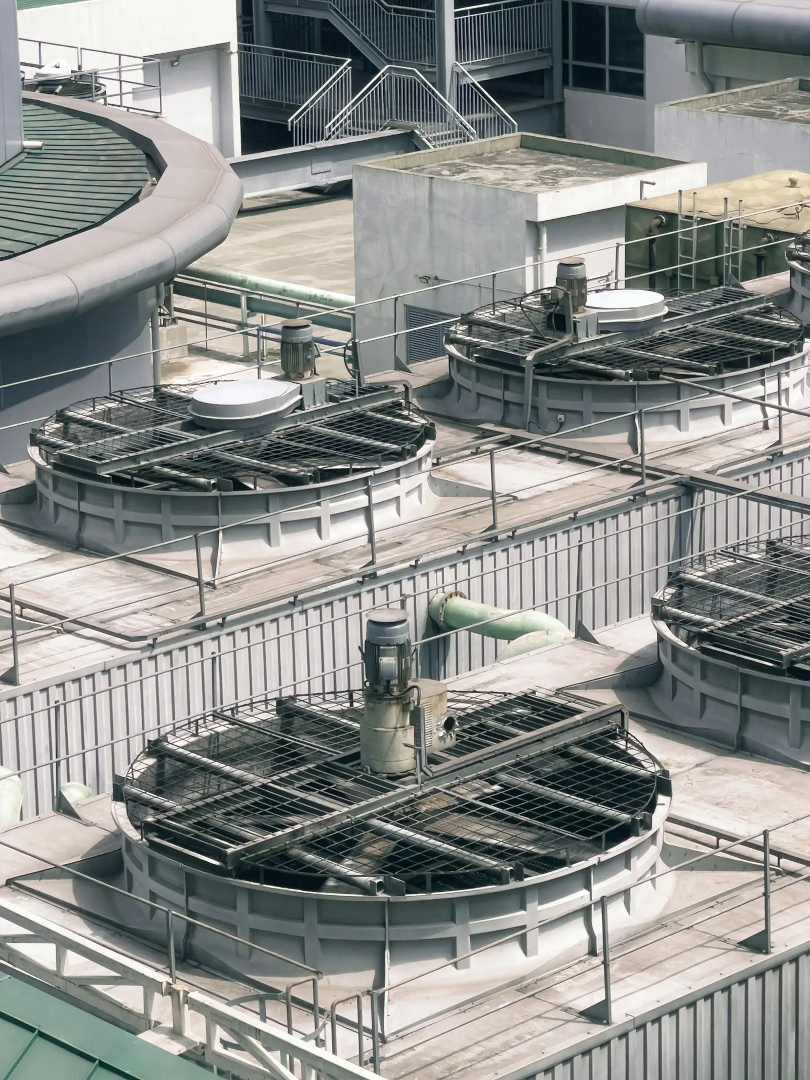Rooftop mechanical plant and cooling towers on a commercial building